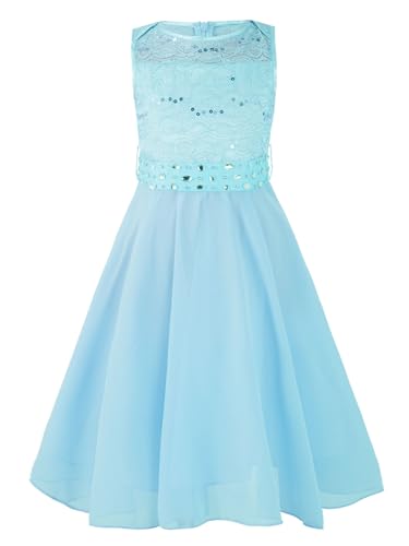 Vxuxlje Festliches Kleid Für Mädchen Langärmliges Kinderkleid Ohne Ärmel Blumenkleid Für Mädchen Mit Pailletten Strass Glitzer Festkleid Aline Spitze Prinzessin Hellblau 140 von Vxuxlje