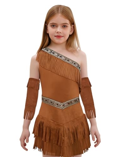 Vxuxlje Halloween Mädchen Indianerin Kleid Indianer Prinzessinkleid Wikinger Höhlenmensch Savage Cosplay One-Shoulder Wildlederkleid Braun 158-164 von Vxuxlje