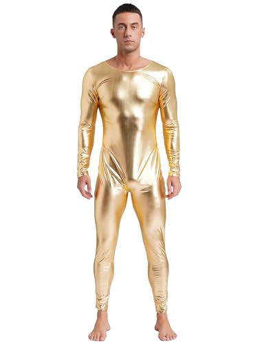 Vxuxlje Herren Metallic Overall Wetlook Ganzkörperanzug Eng Stretch Body Einteiler Bodysuit Halloween Karneval Faschingskostüm Gold XXL von Vxuxlje