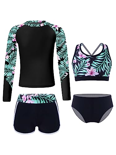 Vxuxlje Kinder Badeanzug Langarm Mädchen Hawaii Strand Bikini Mit Rash Guard Shirt Badeshorts Strandbekleidung Schwimmanzug Schwarz 146-152 von Vxuxlje