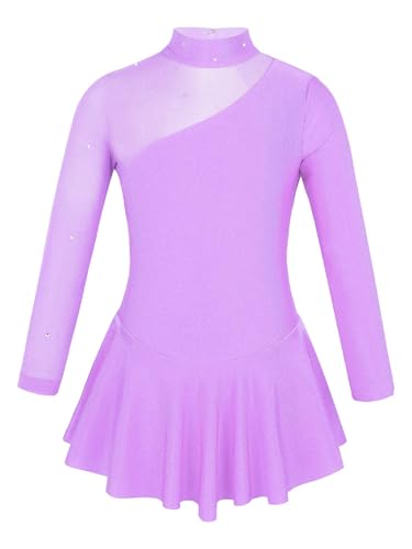 Vxuxlje Mädchen Eiskunstlauf Kleid Strass Rollkunstlauf Kleider Langarm Tanzkleid Glänzende Tanzanzug Ballettkleid Swing Kleid Lavendel 122-128 von Vxuxlje