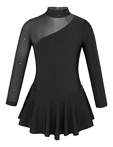 Vxuxlje Mädchen Eiskunstlauf Kleid Strass Rollkunstlauf Kleider Langarm Tanzkleid Glänzende Tanzanzug Ballettkleid Swing Kleid Schwarz 134-140 von Vxuxlje