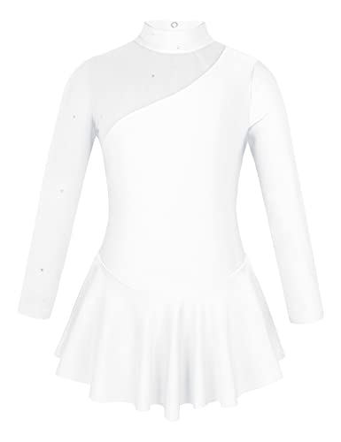 Vxuxlje Mädchen Eiskunstlauf Kleid Strass Rollkunstlauf Kleider Langarm Tanzkleid Glänzende Tanzanzug Ballettkleid Swing Kleid Weiß 158-164 von Vxuxlje