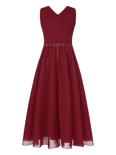 Vxuxlje Mädchen Festlich Kleid Ärmellose Hochzeitkleider Blumenmädchen Kinderkleid Elegant Abendkleid Weiß Kommunionkleid Burgundy 122-128 von Vxuxlje