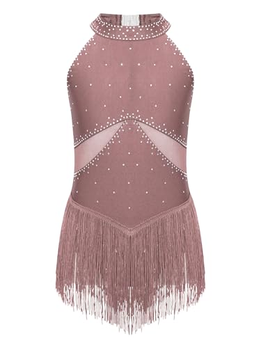 Vxuxlje Mädchen Fransen Turnanzug Strass Gymnastikanzug Ärmellose Tanzkleid Latein Salsa Tanzanzug Trikotanzug Tanzkostüm Altrosa 134-140 von Vxuxlje
