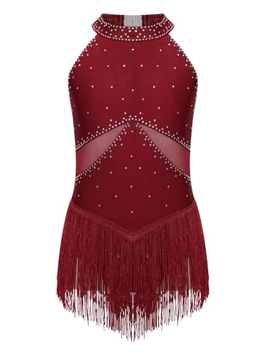 Vxuxlje Mädchen Fransen Turnanzug Strass Gymnastikanzug Ärmellose Tanzkleid Latein Salsa Tanzanzug Trikotanzug Tanzkostüm Burgundy 146-152 von Vxuxlje