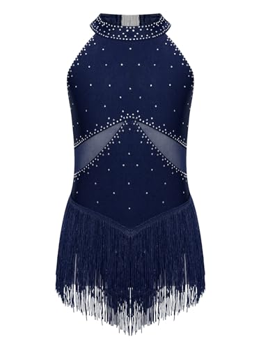 Vxuxlje Mädchen Fransen Turnanzug Strass Gymnastikanzug Ärmellose Tanzkleid Latein Salsa Tanzanzug Trikotanzug Tanzkostüm Navy blau 170-176 von Vxuxlje