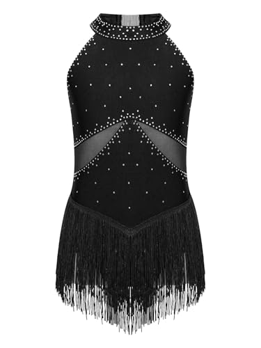 Vxuxlje Mädchen Fransen Turnanzug Strass Gymnastikanzug Ärmellose Tanzkleid Latein Salsa Tanzanzug Trikotanzug Tanzkostüm Schwarz 170-176 von Vxuxlje