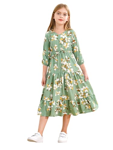 Vxuxlje Mädchen Sommerkleid Blumenmuster Kleider Langarm Freizeitkleid A-Linie Kinderkeid Lässiges Urlaubskleid Grün 146-152 von Vxuxlje