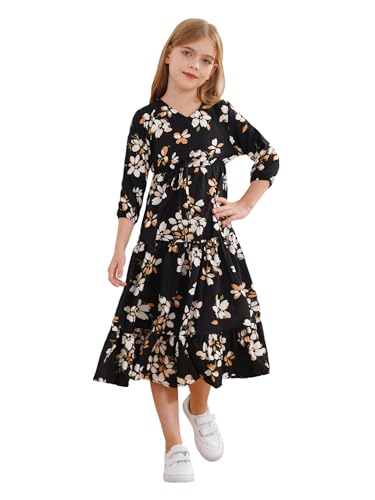 Vxuxlje Mädchen Sommerkleid Blumenmuster Kleider Langarm Freizeitkleid A-Linie Kinderkeid Lässiges Urlaubskleid Schwarz 146-152 von Vxuxlje
