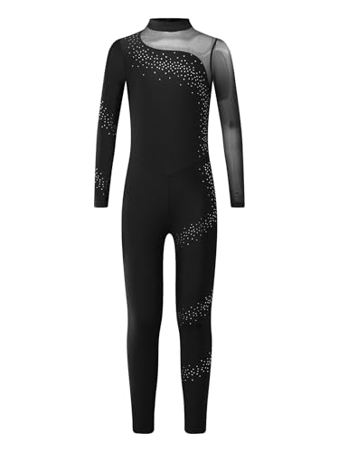 Vxuxlje Mädchen Turnanzug Ganzkörper Gymnastikanzug Patchwork Ballett Trikotanzug Tanzbody Glitzer Strass Ganzanzug Schwarz 170-176 von Vxuxlje