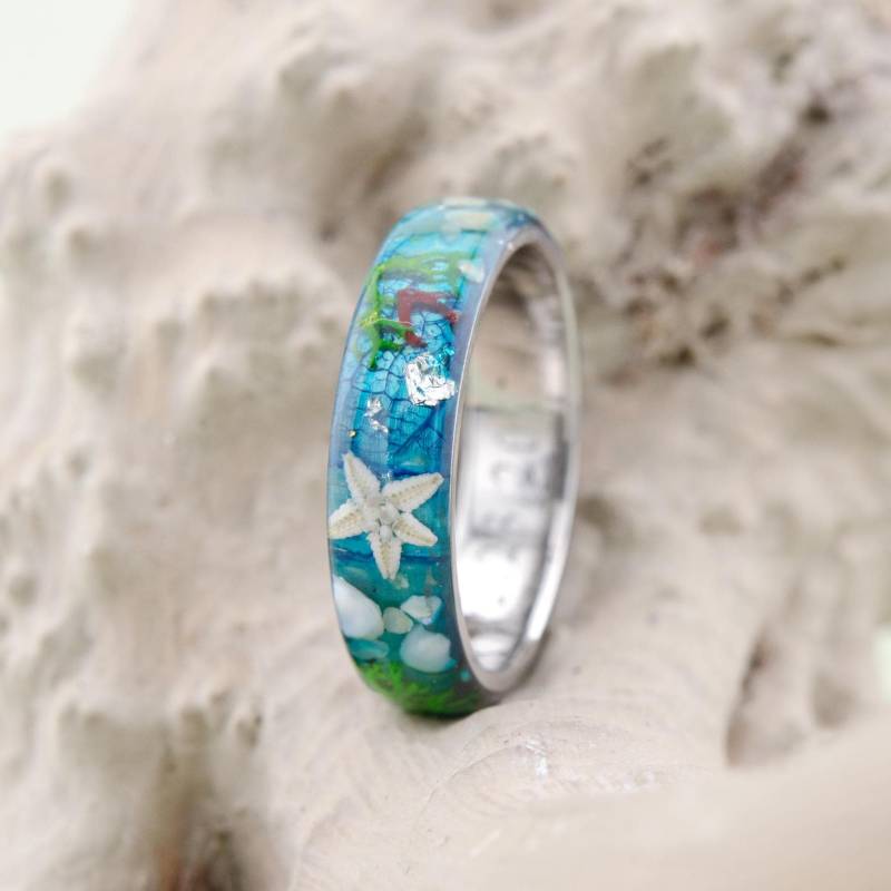 Silber Ozean Muster Ring, Blau Harz Frauen Ring Mit Perlmutt Inlay, Statement Seestern von VyTvir