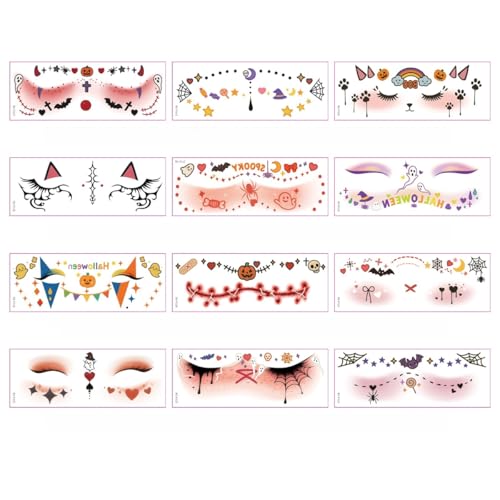 Vyloky Halloween Gesichtstattoo Aufkleber 12 Stück verschiedene Designs mit Geister Kürbis Gruselmotive für Erwachsene Horror Narben Hexen Makeup Karneval Partys temporäre Tattoos von Vyloky
