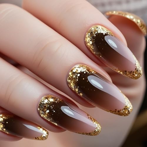 24 Stück Mandel-Nägel zum Aufdrücken, glänzende Designs, französische künstliche Acryl-Klebstoffe für Frauen auf Nägeln, Sarg, Mandel, French Tip On Nail von Vynetra