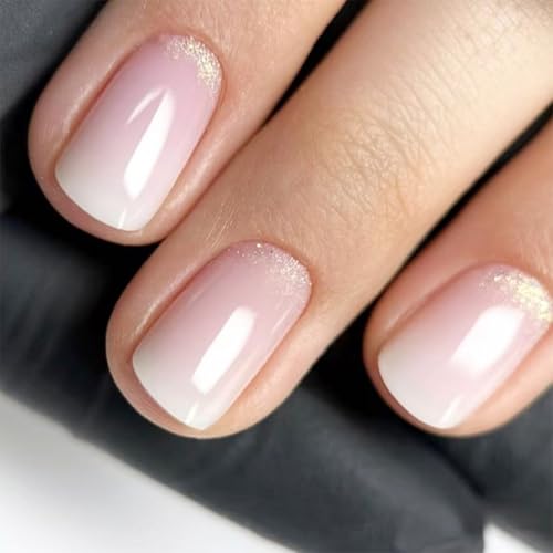 24 Stück quadratische Nägel zum Aufdrücken, glänzendes Design, französische künstliche Acryl-Klebstoffe für Frauen, Sarg, Mandel, französische Spitze auf Nägeln von Vynetra