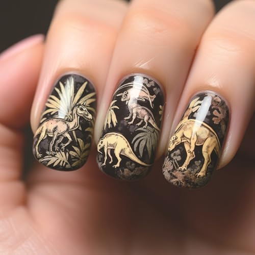 Kreatives Retro-Dinosaurier-Nageldesign für Frauen, die Nagelkunst lieben, um Individualität bei jeder Feier auszudrücken, künstliche Nägel von Vynetra