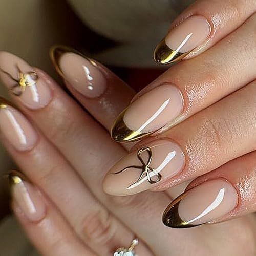 Mandel-Nägel zum Aufdrücken, Schleifen-Design, französische künstliche Acryl-Klebstoffe für Damen, zum Aufkleben auf Nägel von Vynetra