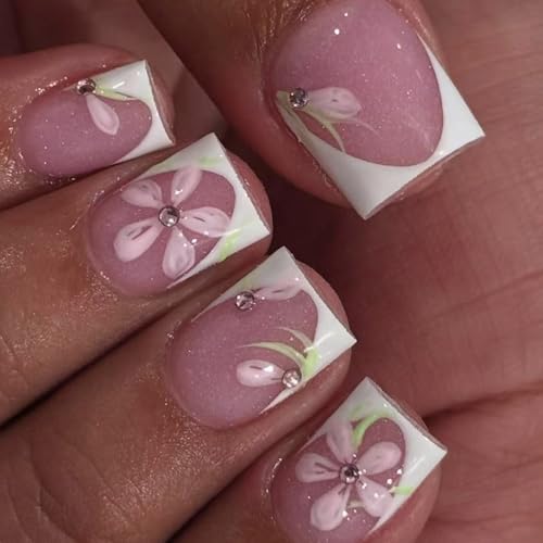 Quadratische Nägel zum Aufdrücken, französische Spitzen, künstliche künstliche Fingernägel mit Blumen-Design, Glitzer, künstliche Acryl-Klebstoffe auf Nägeln, für Damen, transparent von Vynetra