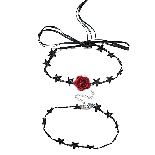 Vynetra 2 Stück schwarze Spitze Stern Blume Halsketten Schwarz Spitze Choker Set Gothic Spitze Choker Polyester Legierung für Mädchen von Vynetra