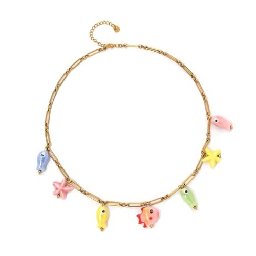 Vynetra Stilvolle verstellbare Kette aus Keramik, Ozeanik-Lebens-Halskette mit künstlerischen Seestern-Designs für Frauen, Freizeitkleidung, Keramik-Edelstahl-Halskette, Einheitsgröße, Wie beschrieben von Vynetra