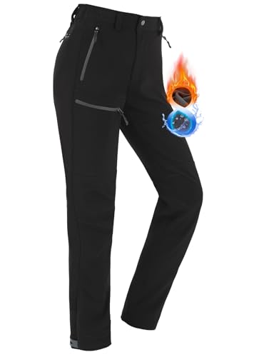 Vzteek Damen-Wanderhose-Thermohose-Skihose-Schneehose-Softshellhose-Wasserdicht Winter Warm Gefüttert Arbeitshosen Regenhose Trekkinghose Outdoor Hosen für Damen Cargohose (Klassisch Schwarz, XL) von Vzteek