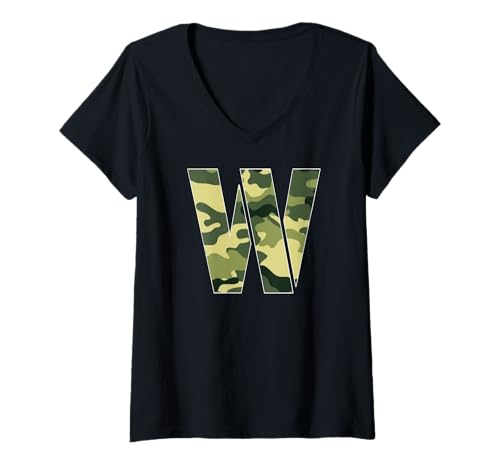 Damen Personalisierter Camoflauge Buchstabe W Initiale | Camo Buchstabe W T-Shirt mit V-Ausschnitt Damen Personalisierter Camoflauge Buchstabe W Initiale | Camo Buchstabe W T-Shirt mit V-Ausschnitt von W Letter Shirt