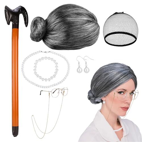 Oma Kostüm Oma Perücke Old Lady Wig Cap Graue Perücke Grau Anziehsets Passende Perlenkette Armband Ohrringe Brille und Spazierstock für Cosplay Halloween Karneval und Faschingsveranstaltungen von W Rxkiocs