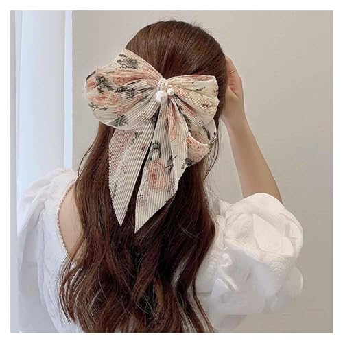 Boho Floral Bow Haars pange Große Blumen haar Schleife Seidige Satin Haars pangen Clip Blume Bowknot Haarnadel Kopf bedeckung Perle Bogen Haar Barrette Dame Schmuck für Mädchen Geschenke (Beige) von W WEILIRIAN