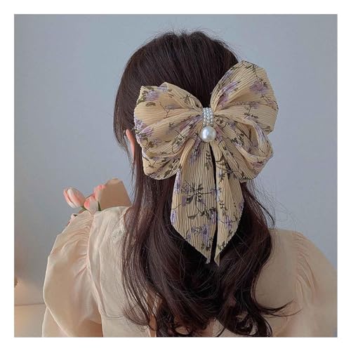 Boho Floral Bow Haars pange Große Blumen haar Schleife Seidige Satin Haars pangen Clip Blume Bowknot Haarnadel Kopf bedeckung Perle Bogen Haar Barrette Dame Schmuck für Mädchen Geschenke (Gelb) von W WEILIRIAN