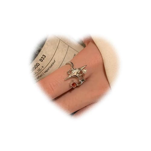 Boho Perle Northstar Ring für Frauen Kristall Stern Knuckle Ring Funkelnder Rubin Stapelring Silber Stern Finger Ring Lucky Star Open Ring zierlicher justierbarer Ring Schmuck für Mädchen(Stil B) von W WEILIRIAN