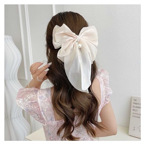 Boho Satin Haar bogen Beige Bogen Haar klammern Band Haars pangen Clip Große einfarbige Bowknot Haarnadel Headwear Perle Bogen Haar Barrette Lady Haars tyling Accessoires Schmuck für Mädchen (Beige) von W WEILIRIAN