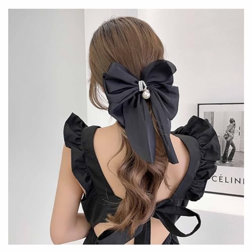 Boho Satin Haar bogen Beige Bogen Haar klammern Band Haars pangen Clip Große einfarbige Bowknot Haarnadel Headwear Perle Bogen Haar Barrette Lady Haars tyling Accessoires Schmuck für Mädchen (Schwarz) von W WEILIRIAN