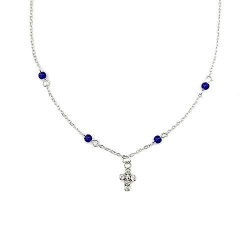 W WEILIRIAN Böhmisches Kristall kreuz Halskette Blaue Perlenkette Halskette Strass Kreuz Anhänger Halskette Silber Kreuz Schlüsselbein Halskette Schmuck für Frauen und Mädchen Geschenke von W WEILIRIAN