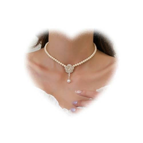 W WEILIRIAN Boho Kristall Blume Anhänger Halskette Perle Choker Halskette Weiße Kamelie Halskette Kette Vintage Perle Perlen Halskette Schmuck für Frauen und Mädchen Geschenke (Weiße Blume) von W WEILIRIAN