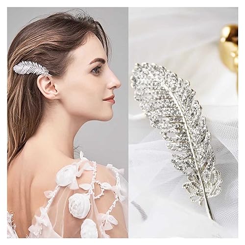 W WEILIRIAN Kristallfeder Haarclip für Frau gepflasterte Cz Feder Haar Pins Silber Feder Haar Barretten Strass Feder Dekorative Haarnadel Funkelnde Kopfbedeckung Barrette für Teen Mädchen (Silber) von W WEILIRIAN