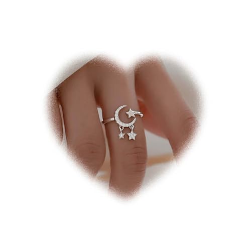 W WEILIRIAN Mond Sternring Kristall Mond Knöchel Ring Zircon Stern Stapeling Fingerring Strass Halbmond Offener Ring Vintage Verstellbare Ringe Schmuck Geschenke für Damen und Mädchen (Silber) von W WEILIRIAN