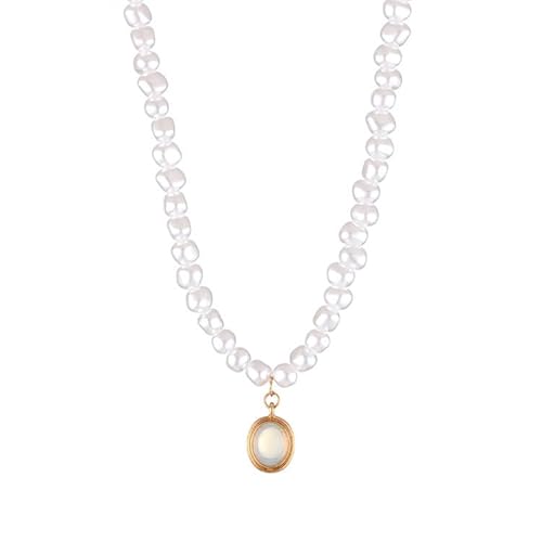 W WEILIRIAN Oval Opal Pendant Necklace Vintage Pearl Choker Necklace Moonstone Necklace Chain Gold Pearl Necklace Oval Birthstone Necklace for Women and Girls von W WEILIRIAN