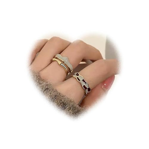 W WEILIRIAN Vintage Beige Emaille Ring Damen Karo Knöchelring Einfache Stapelring Boho Fingerring Emaille Offene Ringe Handgemachte VerstellbareRinge Schmuck Geschenk für Mädchen von W WEILIRIAN