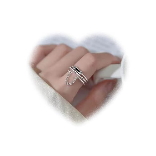 W WEILIRIAN Vintage Schwarzer Quadrat Ring Schwarzer Kristall Knöchelring Schichten Stapeln Fingerring Silberkette Offener Ring Schmuck Geschenk für Damen und Mädchen von W WEILIRIAN
