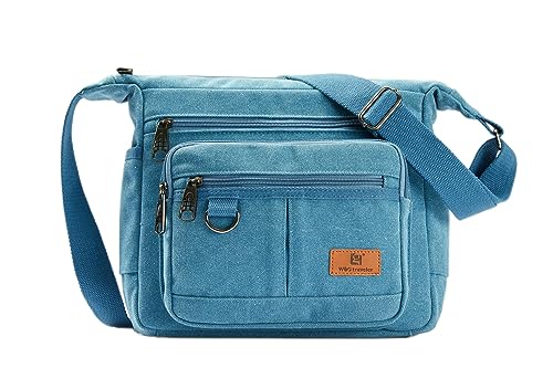 Rfid Umhängetasche für Männer Frauen, Schulranzen Büchertasche mit Wasserflaschenhaltern, Allzweck-Aktentasche Pendlertasche für Reisen, Arbeit, Computer, Kamera, Eingebaute Brieftasche, Blau von W&G traveler