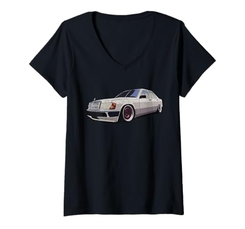 Damen W201 190e klassisches Oldtimerauto T-Shirt mit V-Ausschnitt von Klassischer W201 190e Dirty