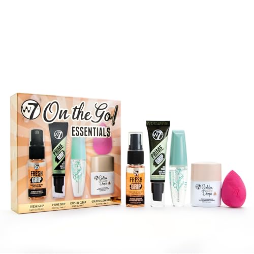 W7 On the Go Essentials Geschenkset – Mini Makeup Must-Haves mit Primer, Setting Spray, Mascara, Bronzing Drops & Beauty Sponge – Travel Size Essentials von W7