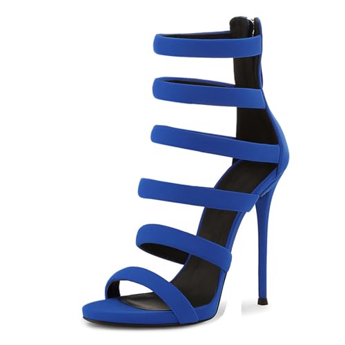 WAATRBV 12.5CM/ 4.9IN Frauen Strap High Heel Sandalen Runde Zehe Offene Zehe Stiletto Heels Knöchelschnalle Strap Sommer Pumps,Blau,42 EU von WAATRBV