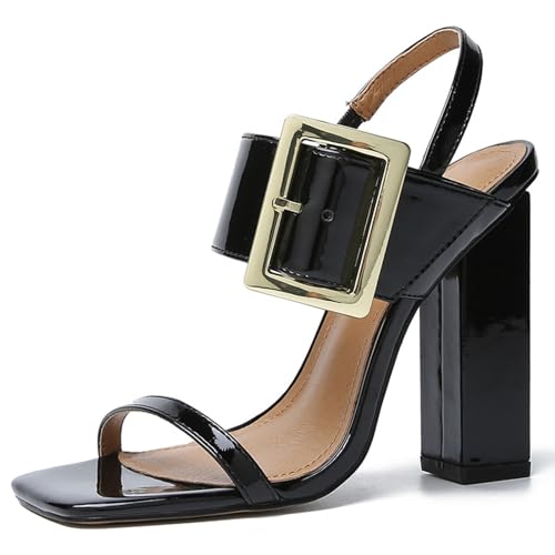 WAATRBV 12.5CM/ 4.9IN Square Toe Open Toe Seite Hohl Dicke Ferse Sandalen für Frauen mit Rücken Strap Sexy Nachtclub Pole Dancing High Heels,Schwarz,40 EU von WAATRBV