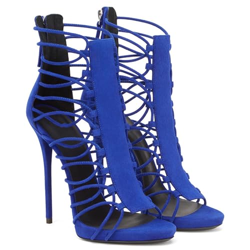 WAATRBV 12CM/4.72IN Gladiator Knie Hohe Sandalen Frauen Offene Zehe Zurück Reißverschluss Kreuz Strap Stiletto Heels,Blau,34 EU von WAATRBV