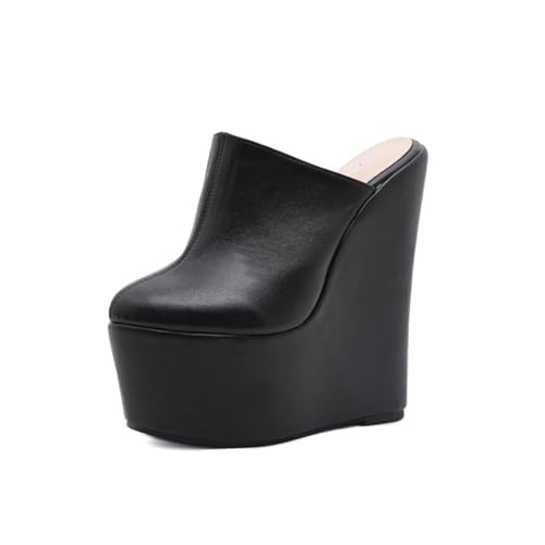WAATRBV 16CM Frauen Keil Sandalen Geschlossene Zehe Offene Ferse Keil Heels Dicke Unterseite High Heel Sandalen,Schwarz,42 EU von WAATRBV