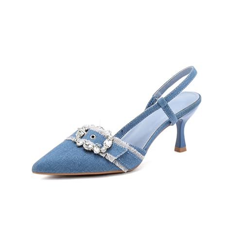 WAATRBV 6,5 CM Frauen Low Heel Geschlossene Spitze Slingback High Heels Slip-On High Heel Sandalen Formale Schuhe,Blau,36 EU von WAATRBV