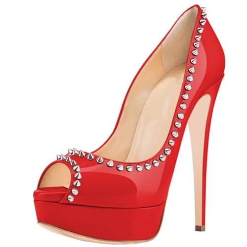 WAATRBV 6.29IN Frauen Offene Zehe Dicke Sohle Sandalen Studded Slip-On Stiletto High Heel Nachtclub Party Schuhe,Rot,37 EU von WAATRBV