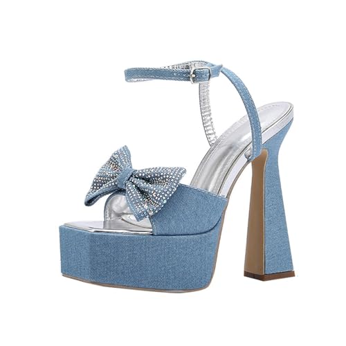 WAATRBV Damen Denim Chunky Plattform Pumps 5,5 Zoll Höhenverstellbare Knöchelriemen Open Toe Party Kleid Hochzeit Sandalen,Blau,37 EU von WAATRBV