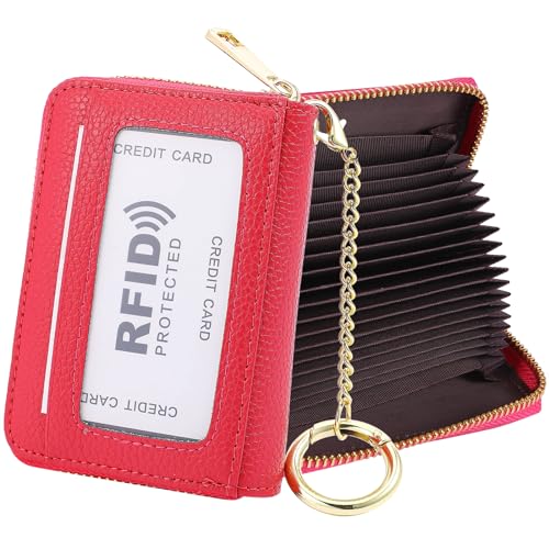WAAYAA Kartenetui aus Leder, 20 Kartenfächer, RFID-blockierend, Reißverschluss, Kartenetui mit Ausweisfenster und abnehmbarem Schlüsselanhänger für Damen, LZW-Rot, Einheitsgröße, Classic von WAAYAA